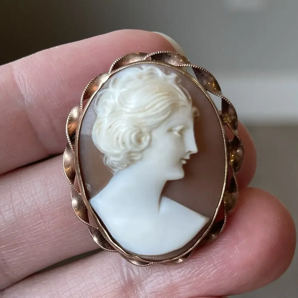 Antique 20's/30's 10k Rose Gold Bezel Set Carved Shell Cameo Brooch Pendant 6g